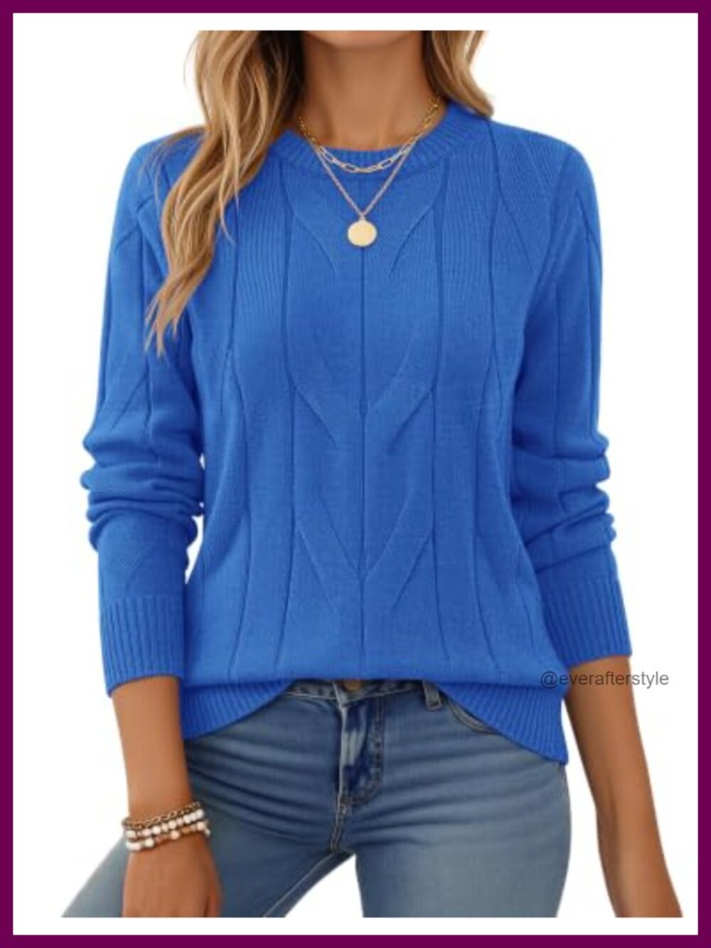 Womens Cable Knit Crewneck Long Sleeve Pullover Sweater Soft Knit
